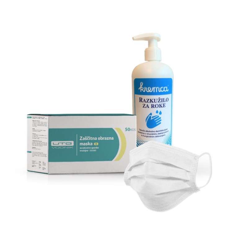 PAKET - ZAŠČITNA OBRAZNA MASKA 50 kosov   RAZKUŽILO KREMCA 500ml
(slika je simbolična)